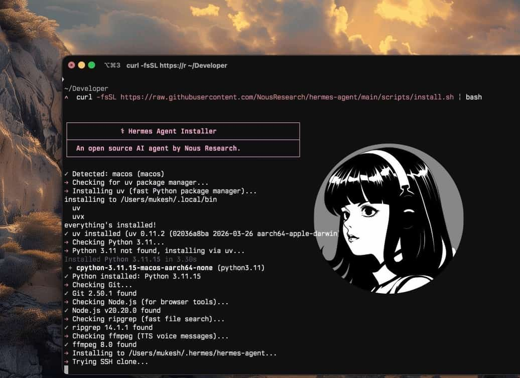 Instalator Hermes Agent uruchomiony w terminalu macOS